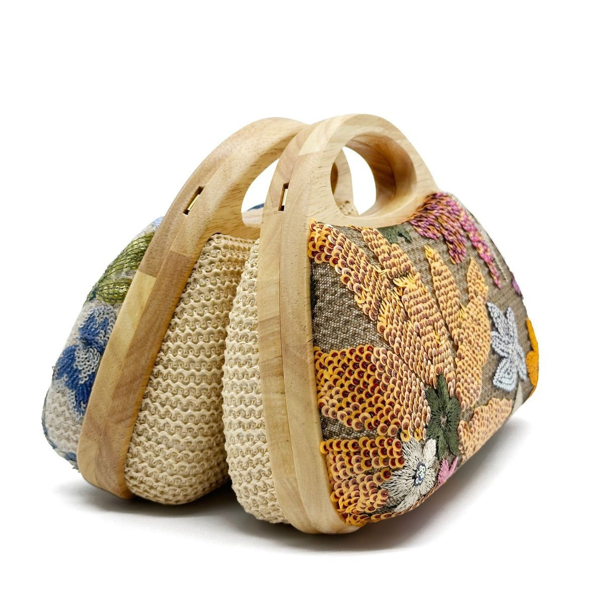 Wooden Handle Straw Sequins Handbag