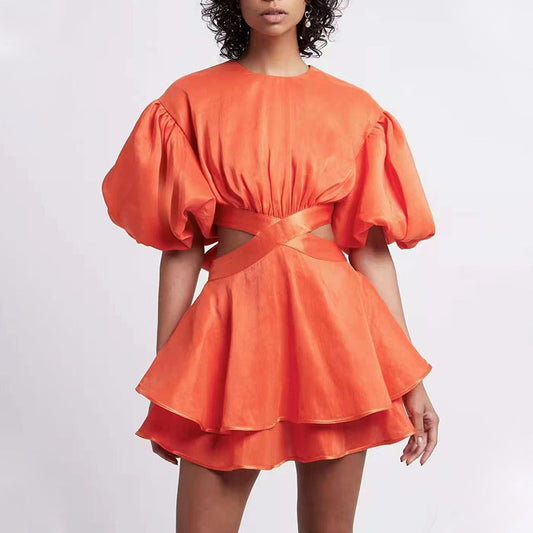 Puff Sleeves Waist Tie Solid Dress