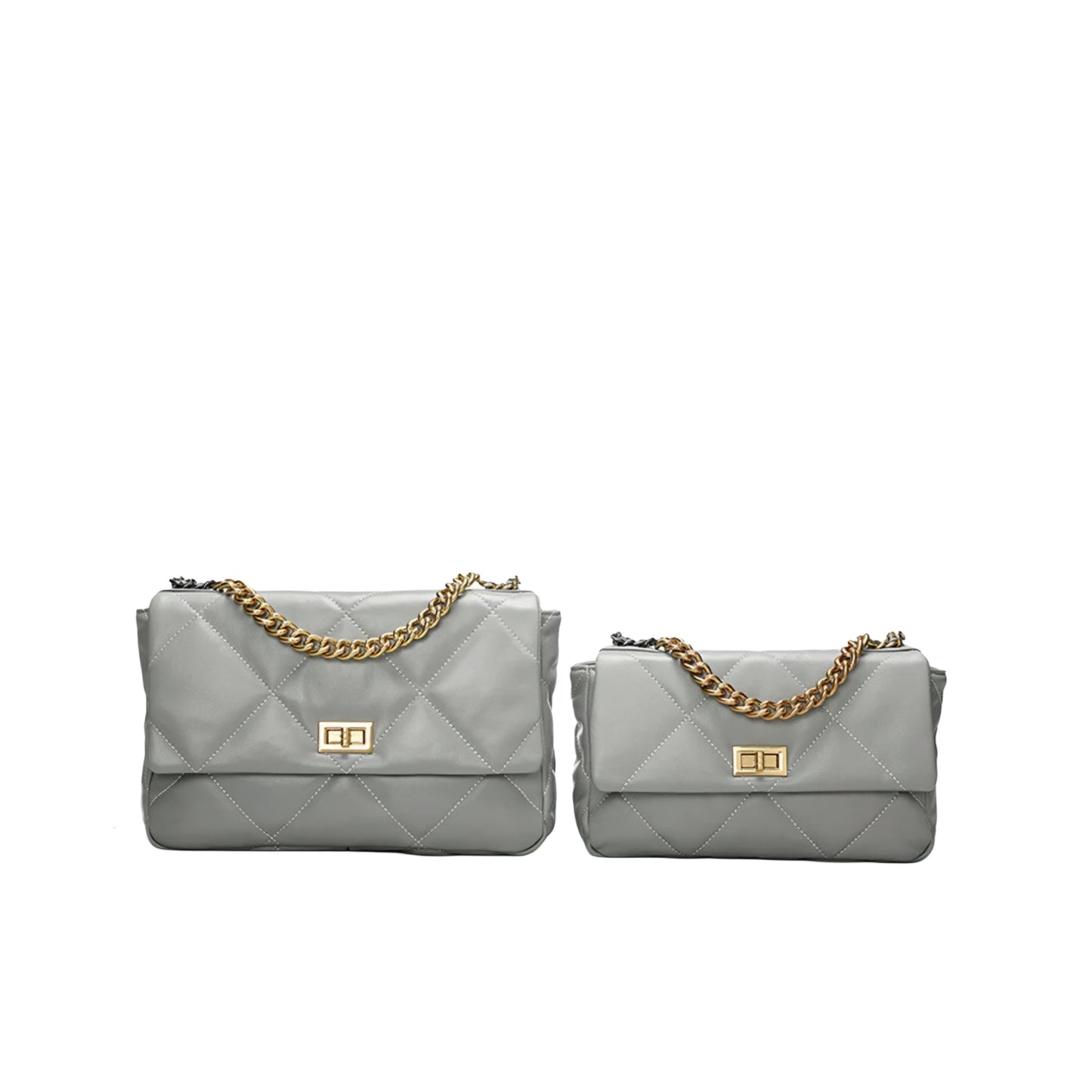 grey quilted diamond pattern handbags one large one small on a white background