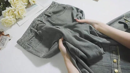 Baggy Button Detail Straight Leg Jeans