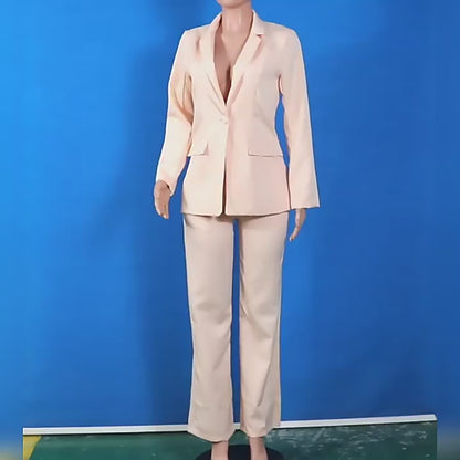  Video  showcasing elegant minimalist Long Sleeve Trousers Suit set for women on a mannequin