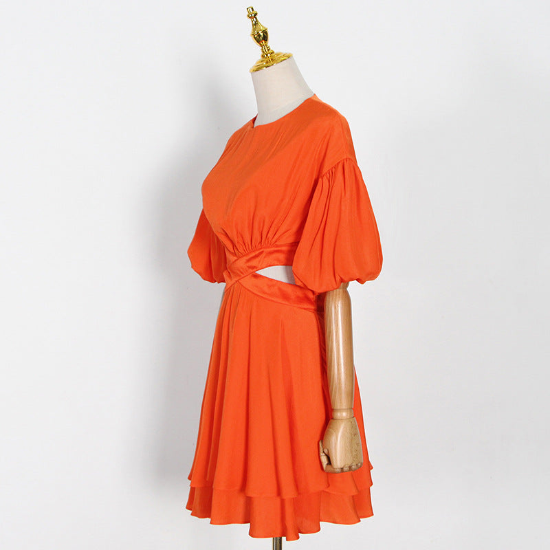 Puff Sleeves Waist Tie Solid Dress