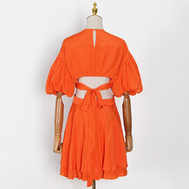 Puff Sleeves Waist Tie Solid Dress