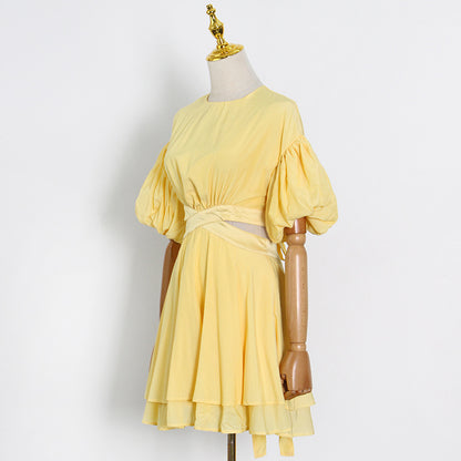 Puff Sleeves Waist Tie Solid Dress