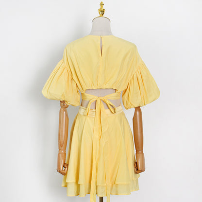 Puff Sleeves Waist Tie Solid Dress