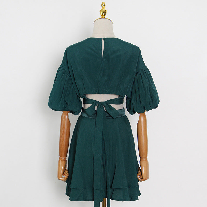 Puff Sleeves Waist Tie Solid Dress