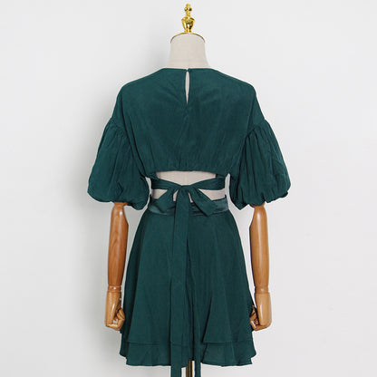 Puff Sleeves Waist Tie Solid Dress