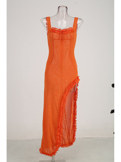 Lace Ruffle Slit Dress