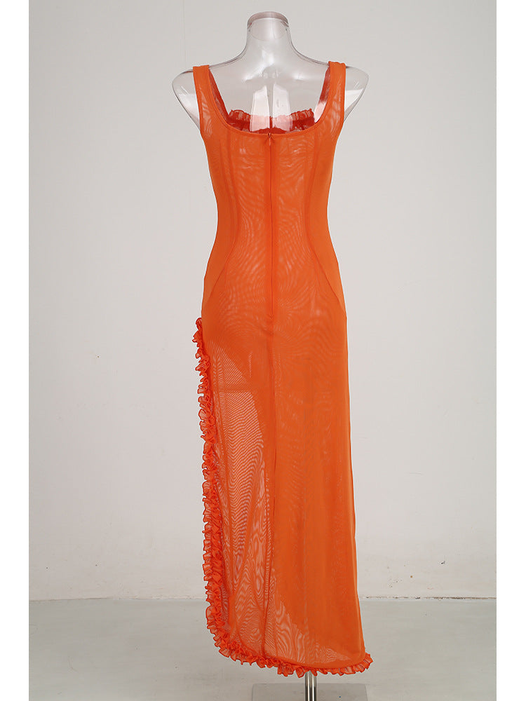 Lace Ruffle Slit Dress