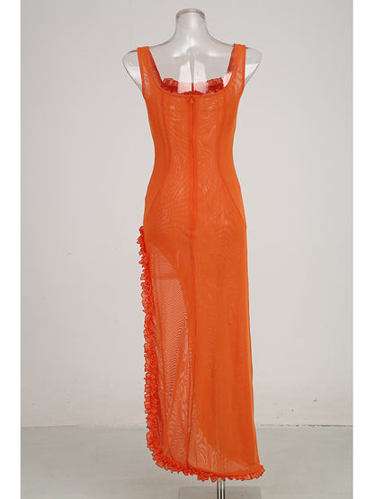 Lace Ruffle Slit Dress