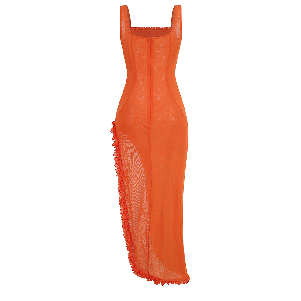 Lace Ruffle Slit Dress