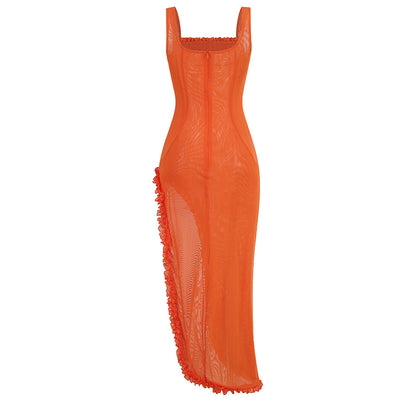 Lace Ruffle Slit Dress