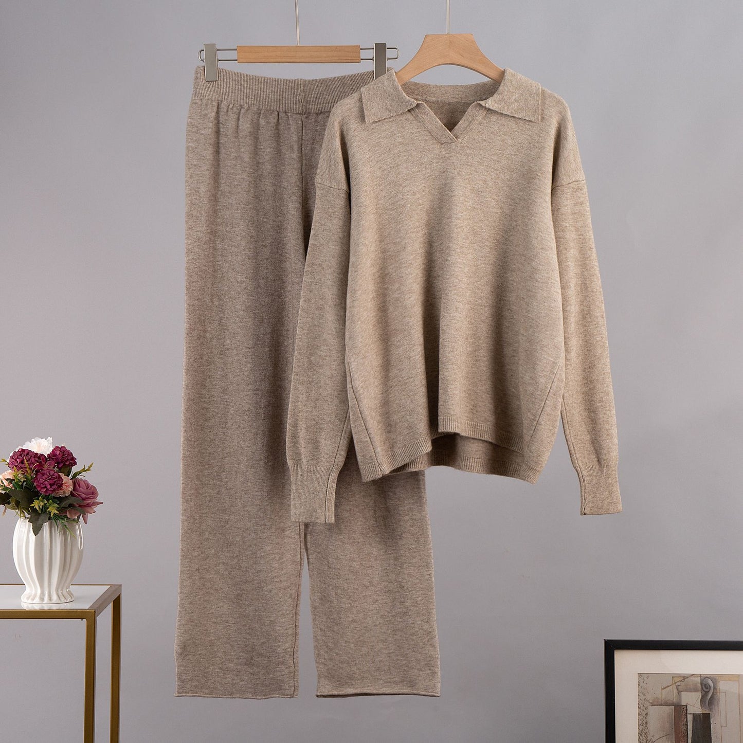 Simple Loose Solid Collar Sweater Set