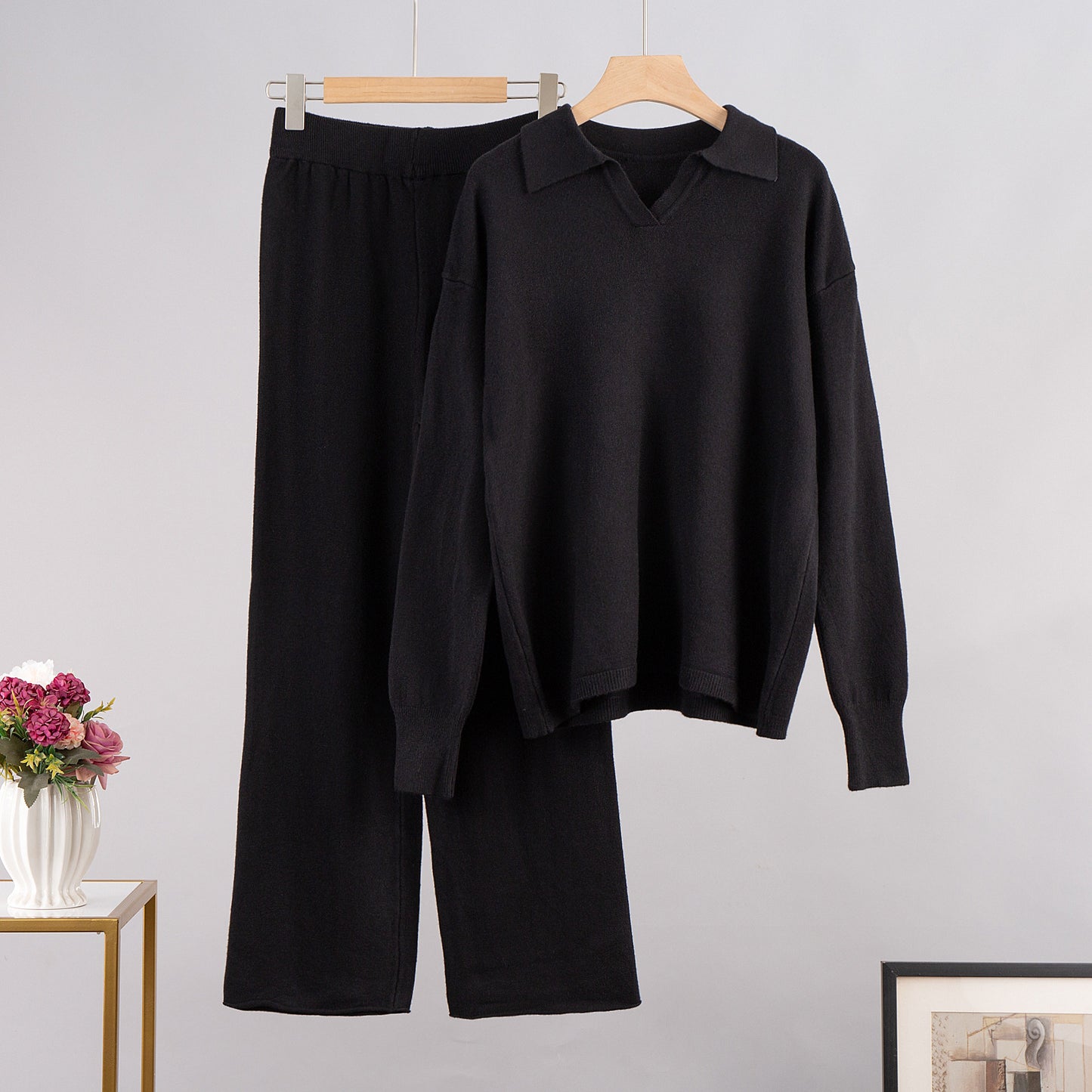 Simple Loose Solid Collar Sweater Set