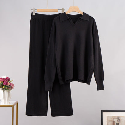 Simple Loose Solid Collar Sweater Set