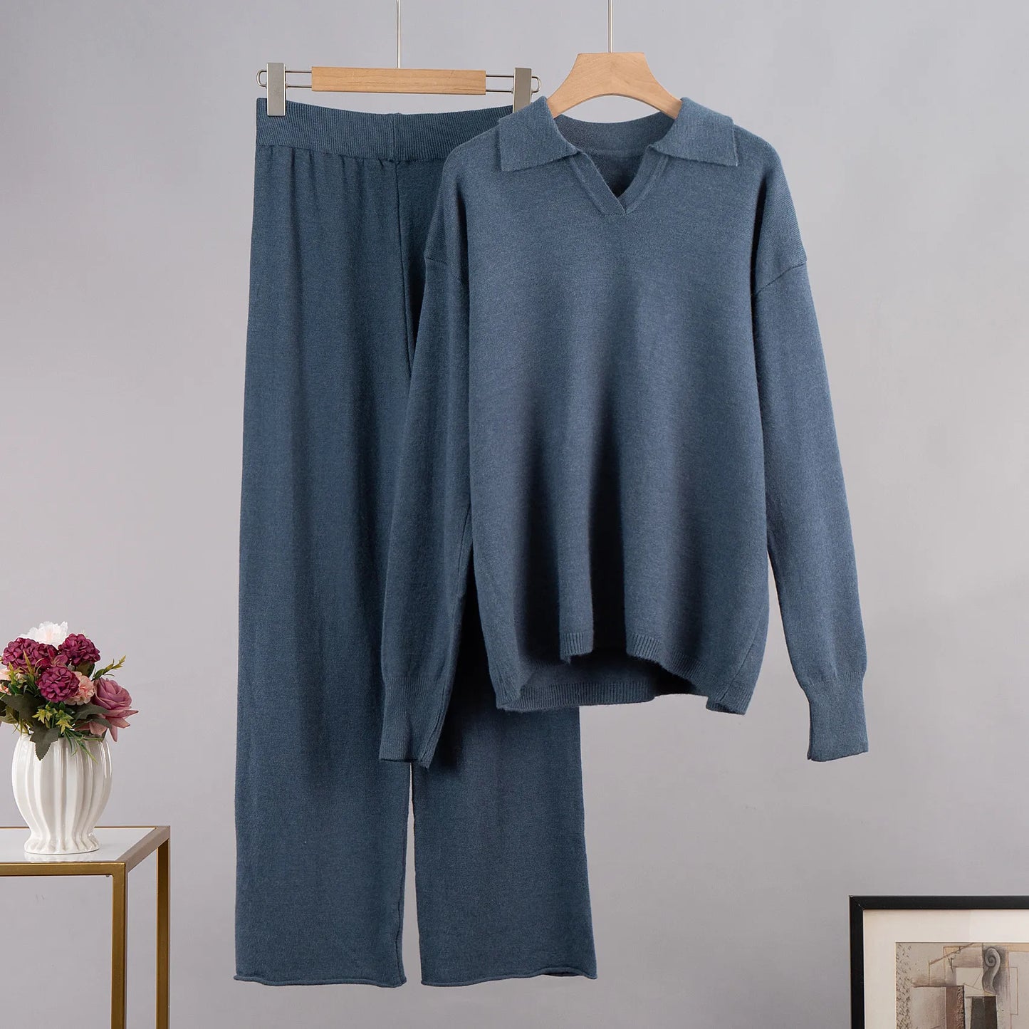 Simple Loose Solid Collar Sweater Set