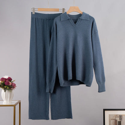 Simple Loose Solid Collar Sweater Set