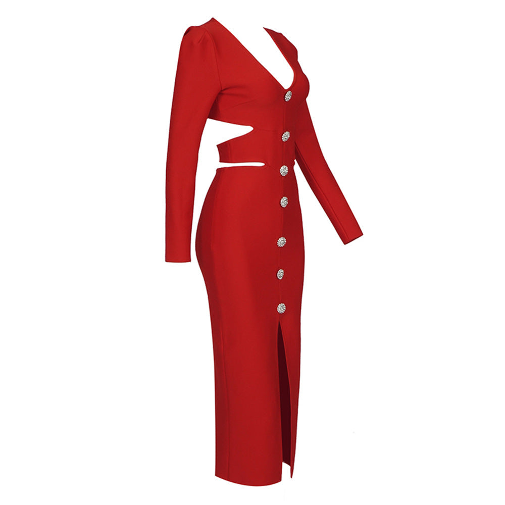 V-neck Long-sleeved Slit Dress