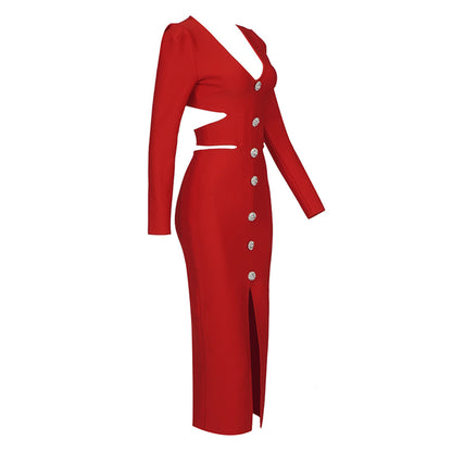 V-neck Long-sleeved Slit Dress