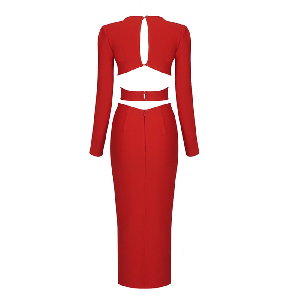 V-neck Long-sleeved Slit Dress