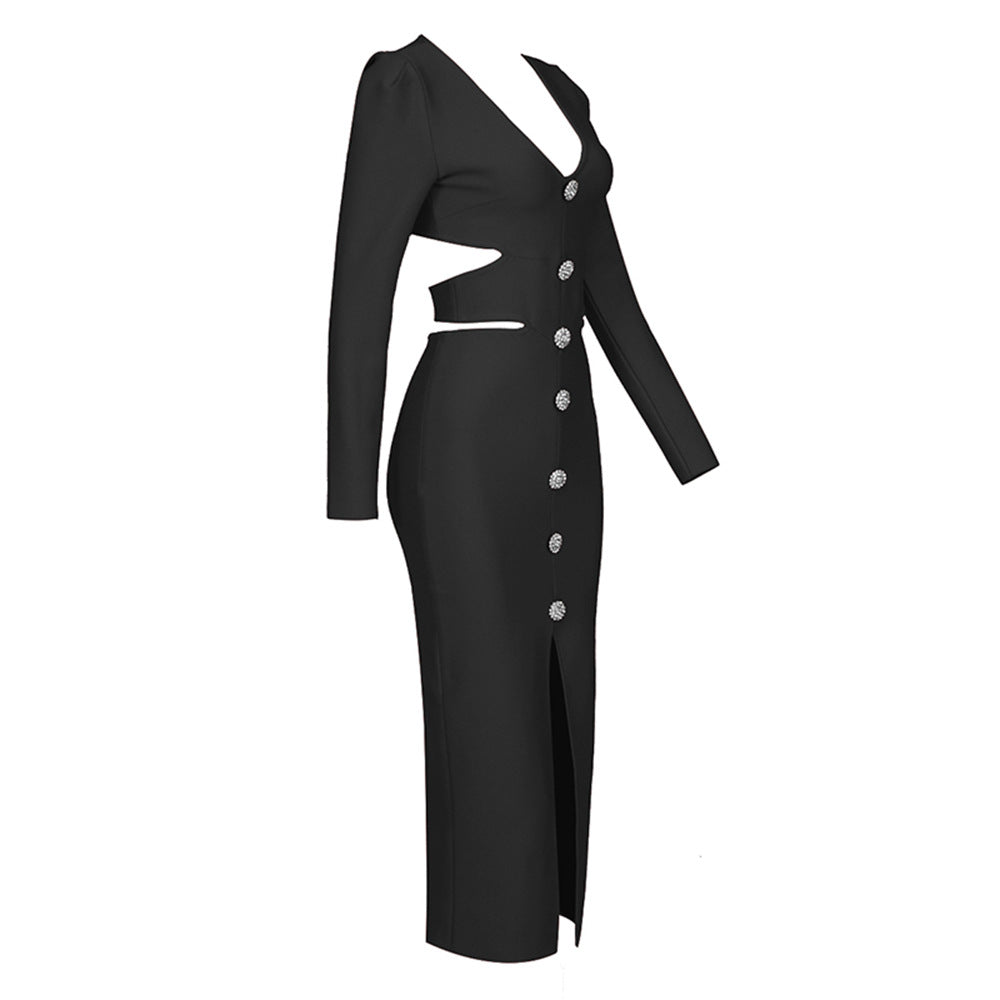 V-neck Long-sleeved Slit Dress