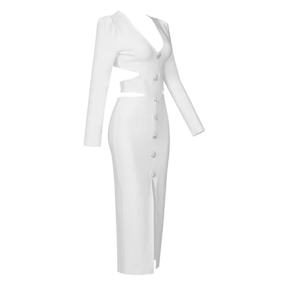 V-neck Long-sleeved Slit Dress